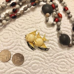 Vintage funky ocean fish brooch pin ecru and black